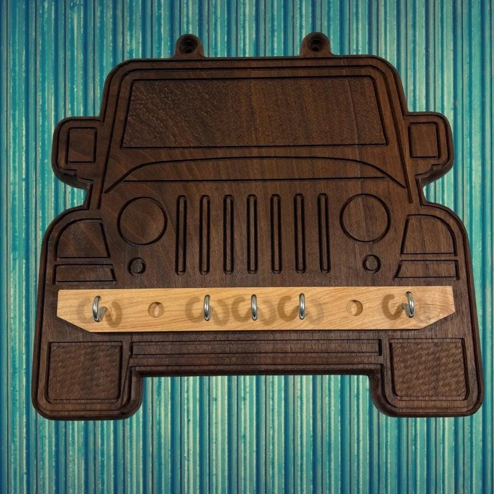 Jeep Grill Key Holder, Walnut Wood Off Road Wall Decor, Entryway Hanging Hooks